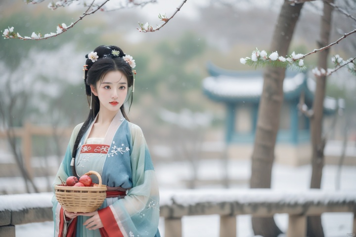  hanfu dress,a beautiful girl is standing,The Han costume of the Song Dynasty, the whole body,Flower basket,beautiful face,be affectionate,long eyelashes,high nose,Song Dynasty Hanfu, Winter, snowy days, snowfall, snow on tree tops, snow on the ground,gentle depth of field and soft bokeh,Capture the image as if it were taken on an 35mm film for added charm, looking at viewer,35mm photograph,The main color tone of the screen is red, with a film style (aperture: f/1.4, ISO-100, focal length: 35mm), Full body, denim lens,film, bokeh, professional, 4k, highly detailed, MAJICMIX STYLE