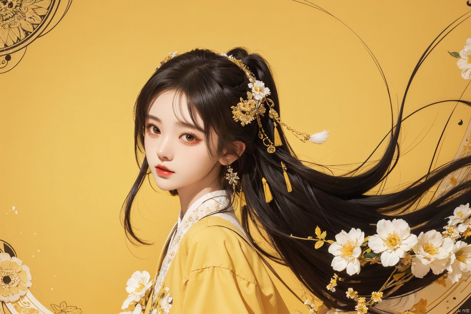  masterpiece, best quality, 1girl, flowers, flat color, lineart, abstract, ornate, yellow theme, jujingyi