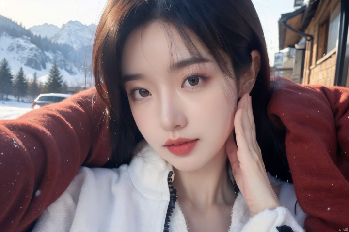  Outdoor scenery, snow view, Snow Mountain, girl, red wool coat, pretty face, short hair, blonde hair, (photo reality: 1.3) , Edge lighting, (high detail skin: 1.2) , 8K Ultra HD, high quality, high resolution, the best ratio of four fingers and a thumb, (photo reality: 1.3) , wearing a blue coat, white shirt inside, big chest, solid color background, solid red background, advanced feeling, texture full, 1 girl, Xiqing, HSZT, Xiaxue, dongy, a girl, magic eyes, black 8d smooth stockings, 1girl