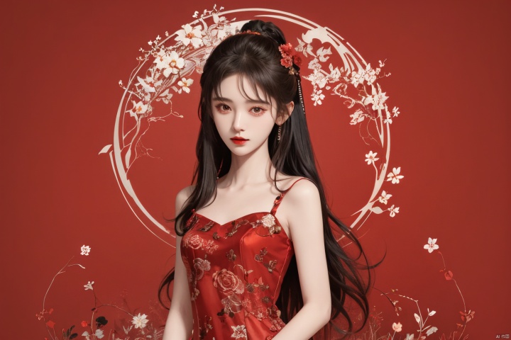  masterpiece, best quality, 1girl, flowers, flat color, lineart, abstract, ornate, red theme, jujingyi