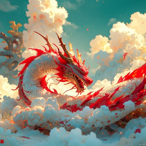  Chinese dragon,Chinese dragon sleeping on clouds, translucent glass, with pearlescent scales with subtle elements of fantasy and magical realism, zbrush, loong, ruby and gold style, anime aesthetics, furry art, red and white, elaborate, c4d rendering, super high detail, 3d, ultra fine detail, photo realistic