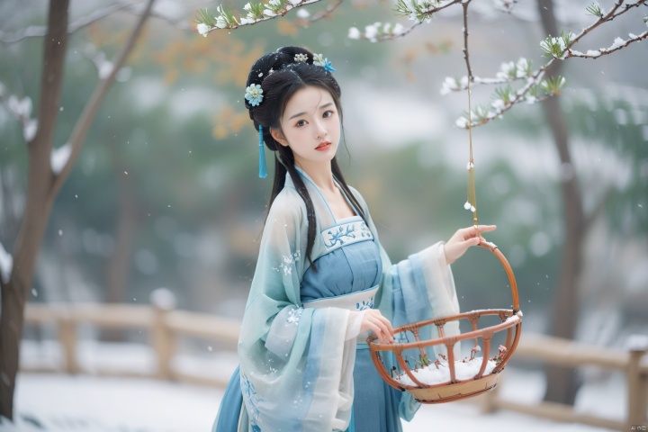  hanfu dress,a beautiful girl is standing,The Han costume of the Song Dynasty, the whole body,Flower basket,beautiful face,be affectionate,long eyelashes,high nose,Song Dynasty Hanfu, Winter, snowy days, snowfall, snow on tree tops, snow on the ground,gentle depth of field and soft bokeh,Capture the image as if it were taken on an 35mm film for added charm, looking at viewer,35mm photograph,The main color tone of the screen is blue, with a film style (aperture: f/1.4, ISO-100, focal length: 35mm), Full body, denim lens,film, bokeh, professional, 4k, highly detailed, MAJICMIX STYLE