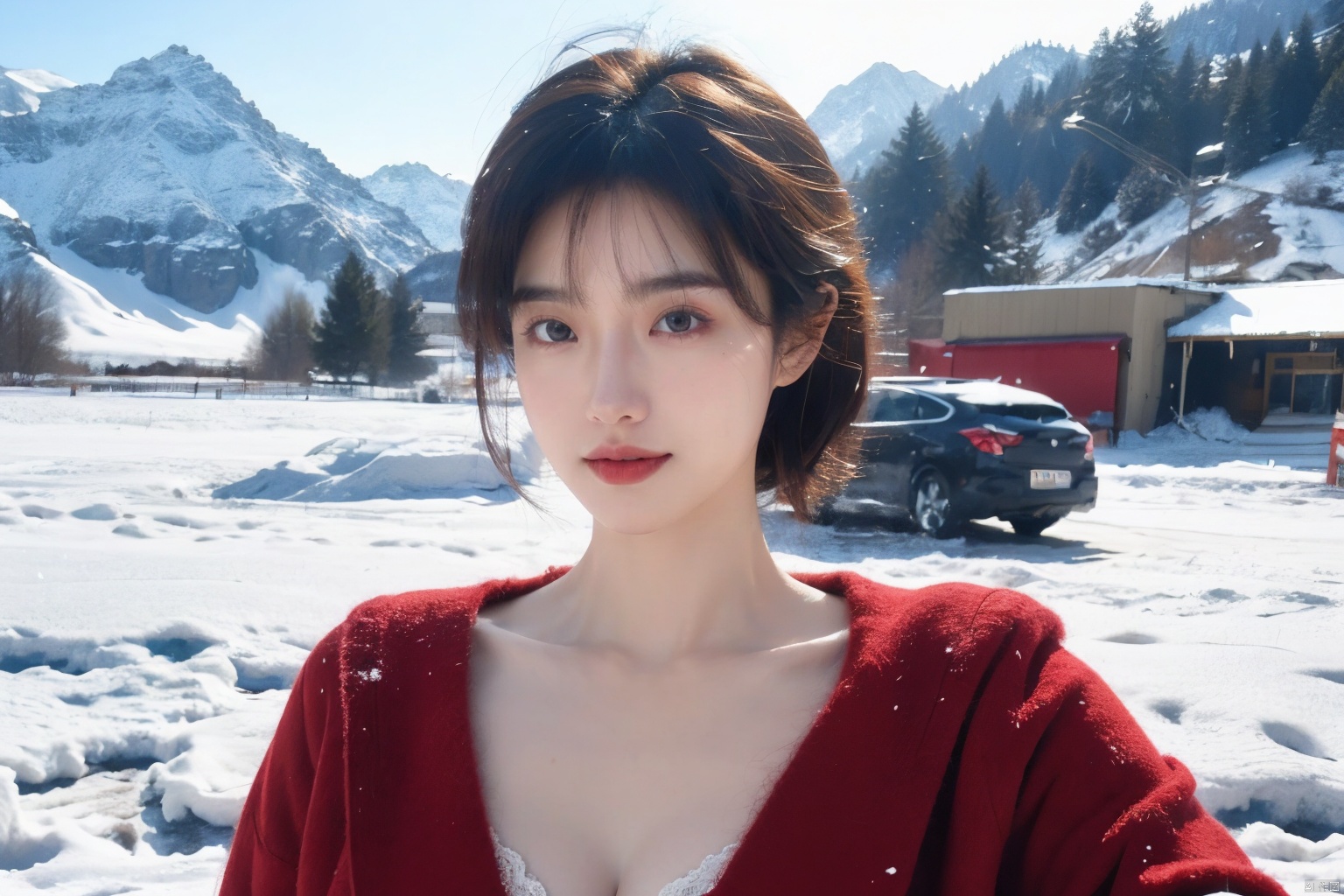  Outdoor scenery, snow view, Snow Mountain, girl, red wool coat, pretty face, short hair, blonde hair, (photo reality: 1.3) , Edge lighting, (high detail skin: 1.2) , 8K Ultra HD, high quality, high resolution, the best ratio of four fingers and a thumb, (photo reality: 1.3) , wearing a red coat, white shirt inside, big chest, solid color background, solid red background, advanced feeling, texture full, 1 girl, Xiqing, HSZT, Xiaxue, dongy, a girl, magic eyes, black 8d smooth stockings, 1girl