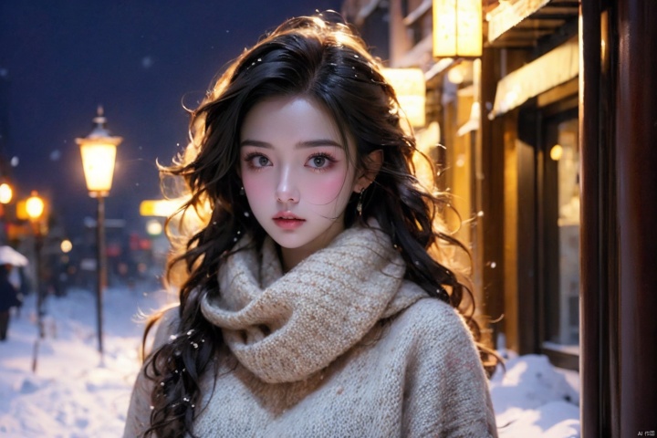  a girl,red wavy long curly hair, beautiful and detailed eyes, scarf, sweater, winter, snowing, standing under the street lamp, upper body, night, night, backlighting,kamisama, xiqing, 1girl