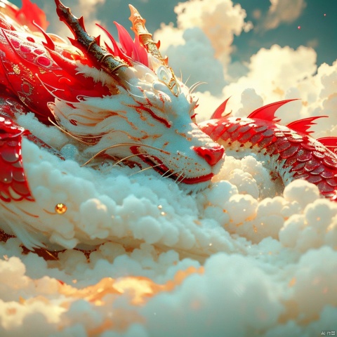  Chinese dragon,Chinese dragon sleeping on clouds, translucent glass, with pearlescent scales with subtle elements of fantasy and magical realism, zbrush, loong, ruby and gold style, anime aesthetics, furry art, red and white, elaborate, c4d rendering, super high detail, 3d, ultra fine detail, photo realistic