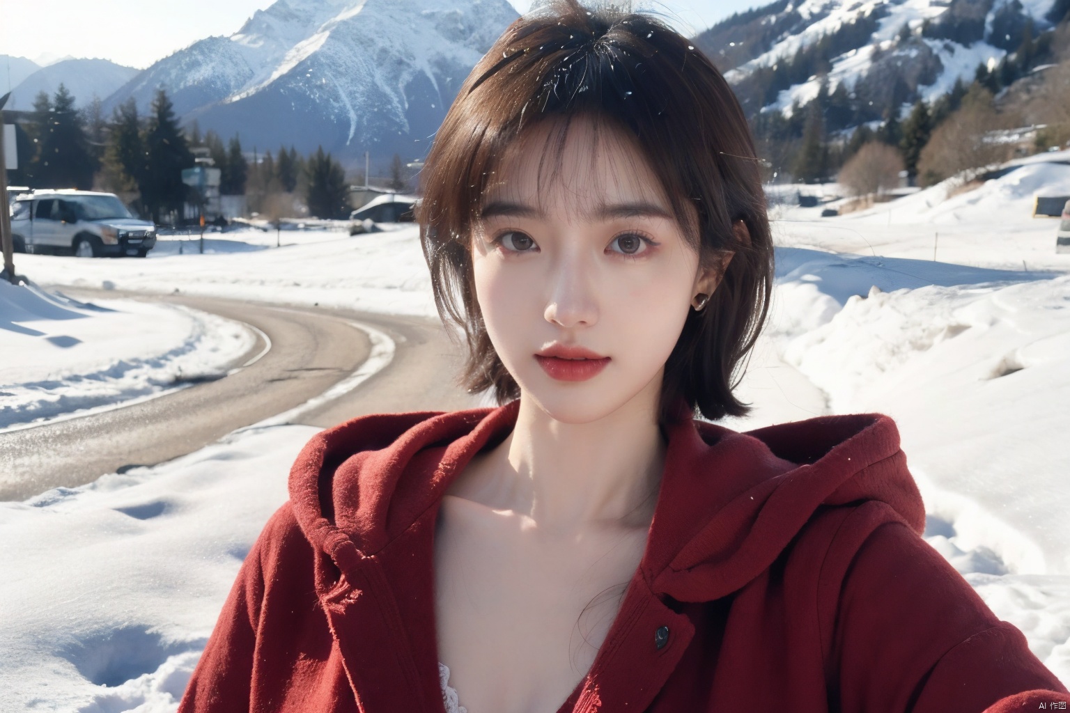  Outdoor scenery, snow view, Snow Mountain, girl, red wool coat, pretty face, short hair, blonde hair, (photo reality: 1.3) , Edge lighting, (high detail skin: 1.2) , 8K Ultra HD, high quality, high resolution, the best ratio of four fingers and a thumb, (photo reality: 1.3) , wearing a red coat, white shirt inside, big chest, solid color background, solid red background, advanced feeling, texture full, 1 girl, Xiqing, HSZT, Xiaxue, dongy, a girl, magic eyes, black 8d smooth stockings, 1girl