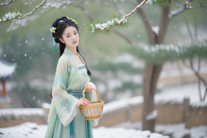  hanfu dress,a beautiful girl is standing,The Han costume of the Song Dynasty, the whole body,Flower basket,beautiful face,be affectionate,long eyelashes,high nose,Song Dynasty Hanfu, Winter, snowy days, snowfall, snow on tree tops, snow on the ground,gentle depth of field and soft bokeh,Capture the image as if it were taken on an 35mm film for added charm, looking at viewer,35mm photograph,The main color tone of the screen is green, with a film style (aperture: f/1.4, ISO-100, focal length: 35mm), Full body, denim lens,film, bokeh, professional, 4k, highly detailed, MAJICMIX STYLE