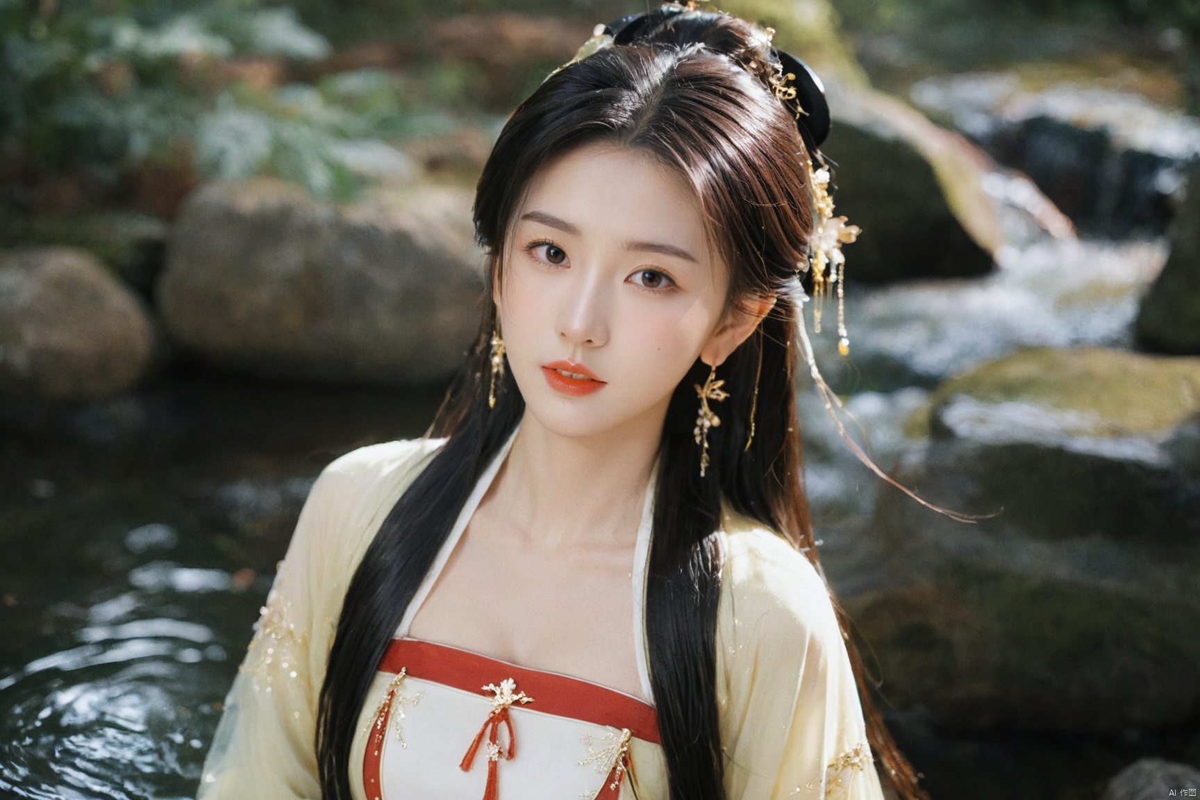  1girl,****_female,looking at viewer,standing,black,gold,gold hairpin,face focus,Redlips,((upper_body:0.9)),full breasts, (medium breasts:1.2),long hair,eyes,Colored pupil,earrings,jewelry,earrings,jewelry,(perfect face), shiny skin, 
dress, hanfu, 
forest,water, wet, 
masterpiece, best quality,depth of field, cinematic composition, best lighting,light master,RAW photo, dslr, film grain, Fujifilm XT3, night shot, light master,daxiushan,daxiushan style,hanfu, g001