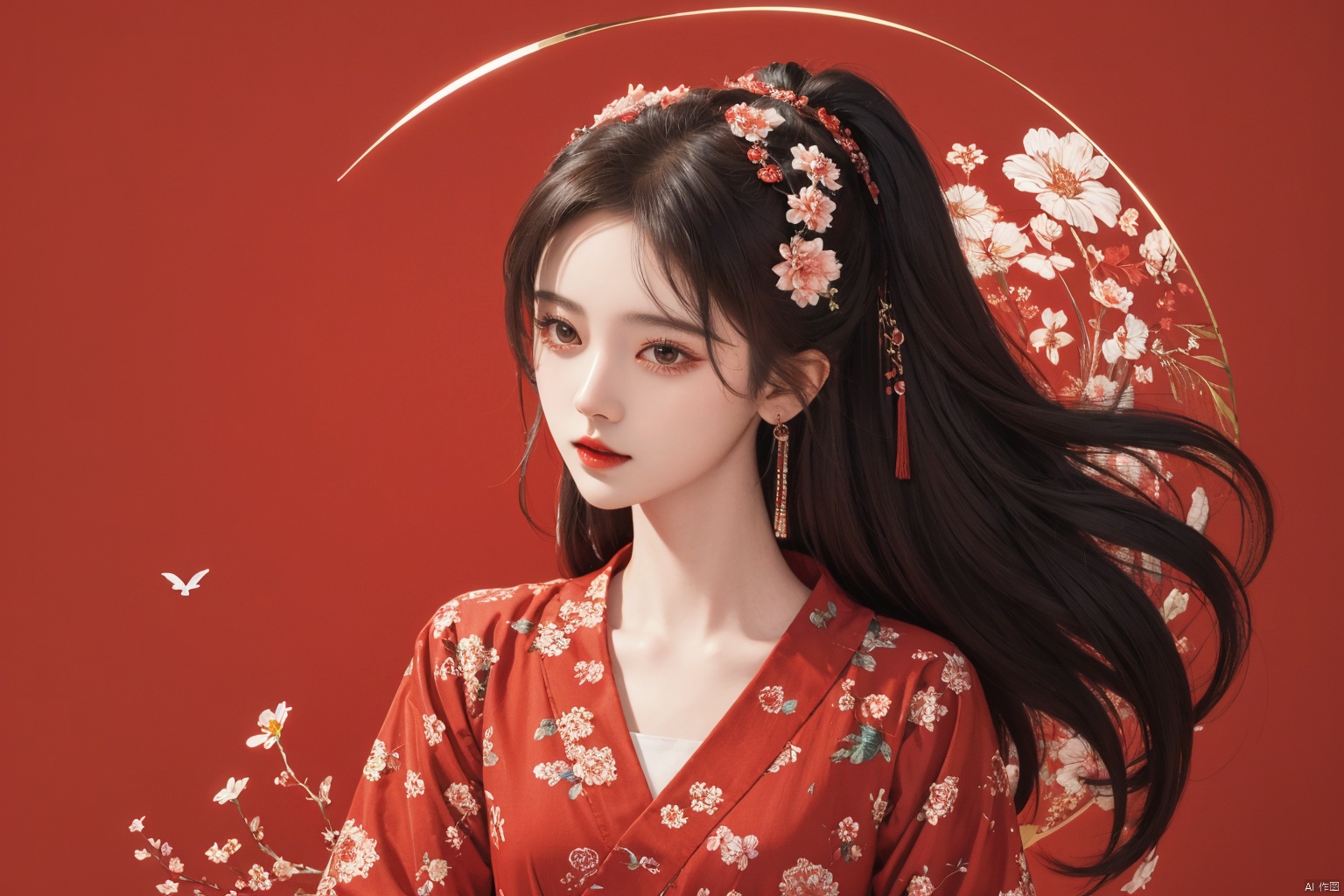  masterpiece, best quality, 1girl, flowers, flat color, lineart, abstract, ornate, red theme, jujingyi