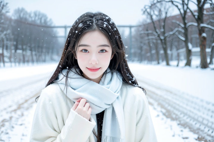  1girl,(snow:1.2),(snowing:1.2),snow,solo,scarf,long hair,smile,brown hair,bokeh,realistic,coat,blurry,