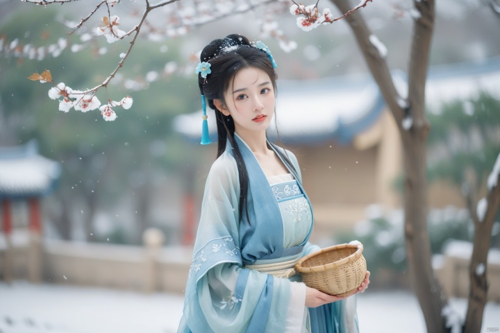  hanfu dress,a beautiful girl is standing,The Han costume of the Song Dynasty, the whole body,Flower basket,beautiful face,be affectionate,long eyelashes,high nose,Song Dynasty Hanfu, Winter, snowy days, snowfall, snow on tree tops, snow on the ground,gentle depth of field and soft bokeh,Capture the image as if it were taken on an 35mm film for added charm, looking at viewer,35mm photograph,The main color tone of the screen is blue, with a film style (aperture: f/1.4, ISO-100, focal length: 35mm), Full body, denim lens,film, bokeh, professional, 4k, highly detailed, MAJICMIX STYLE