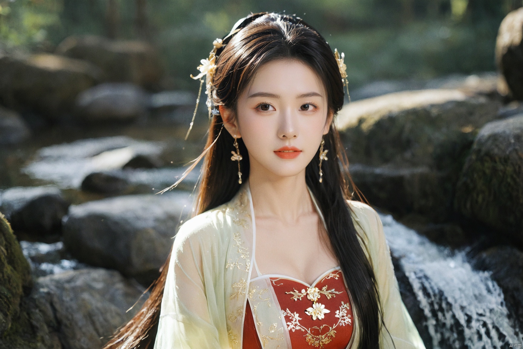  1girl,****_female,looking at viewer,standing,black,gold,gold hairpin,face focus,Redlips,((upper_body:0.9)),full breasts, (medium breasts:1.2),long hair,eyes,Colored pupil,earrings,jewelry,earrings,jewelry,(perfect face), shiny skin, 
dress, hanfu, 
forest,water, wet, 
masterpiece, best quality,depth of field, cinematic composition, best lighting,light master,RAW photo, dslr, film grain, Fujifilm XT3, night shot, light master,daxiushan,daxiushan style,hanfu, g001