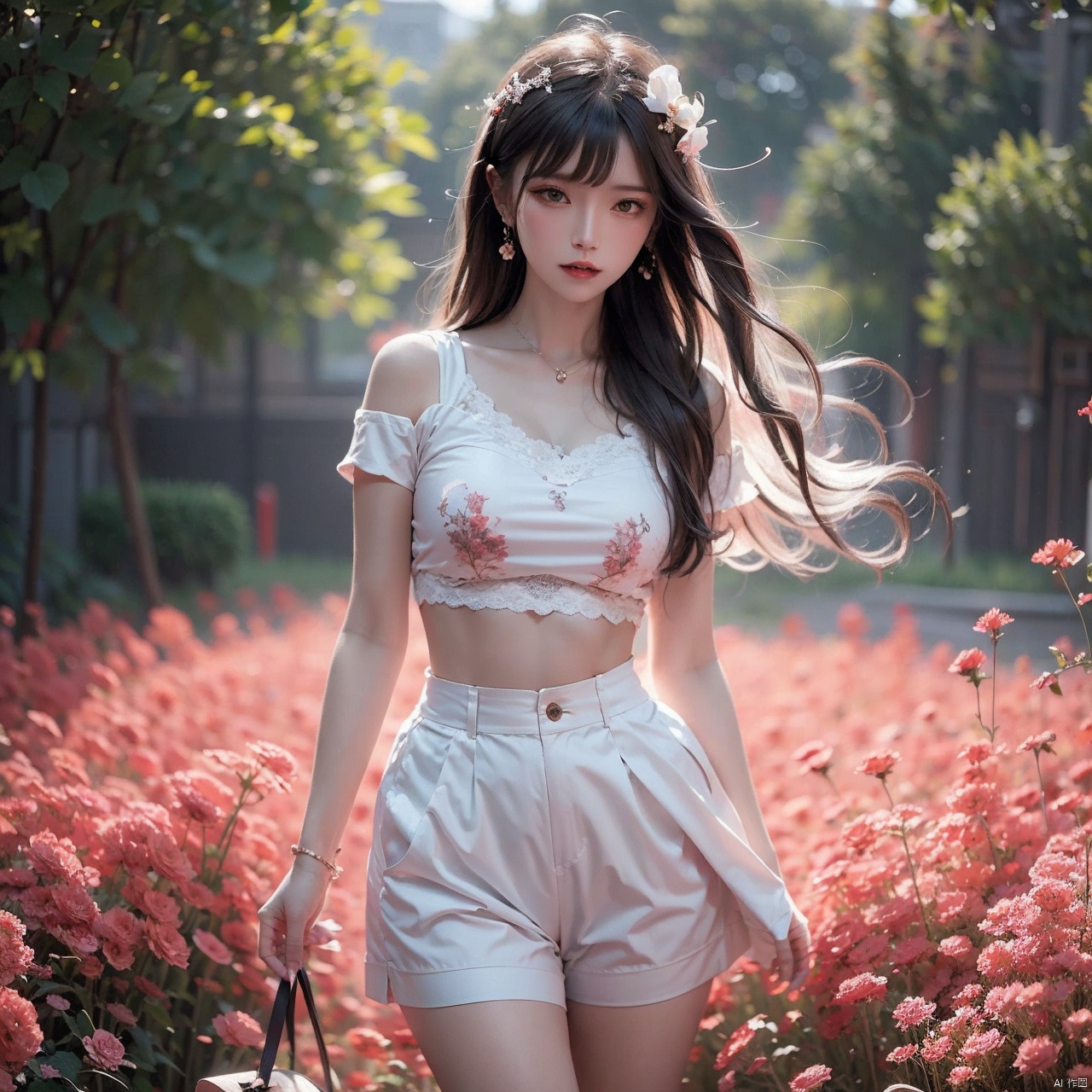  A melancholic autumn scene in a vast flower field,a gentle breeze rustling through the dry grass,fallen leaves scattered among the flowers, a bittersweet atmosphere, a moment of quiet contemplation,1girl,long hair,white_skirt, high-waist_shorts, outfit ,roses,(dynamic angle:1.1),vivid,Soft and warm color palette, delicate brushwork, evocative use of light and shadow, wide shot,subtle details in the wilting flowers,high contrast,color contrast, WuLight
