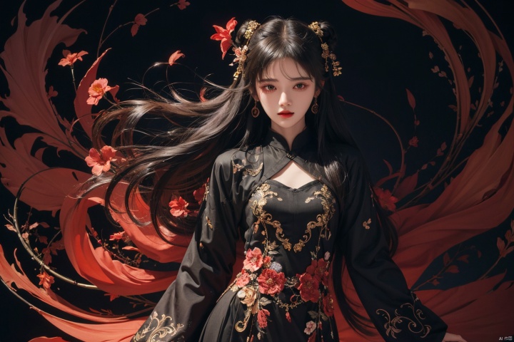  masterpiece, best quality, 1girl, flowers, flat color, lineart, abstract, ornate, black theme, jujingyi