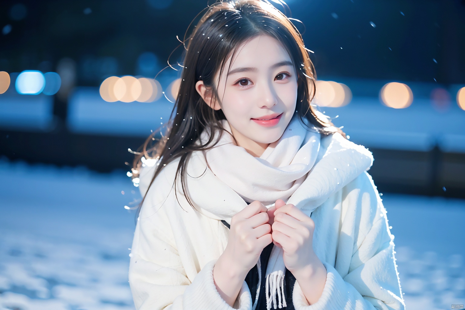  1girl,(snow:1.2),(snowing:1.2),snow,solo,scarf,long hair,smile,brown hair,bokeh,realistic,coat,blurry,