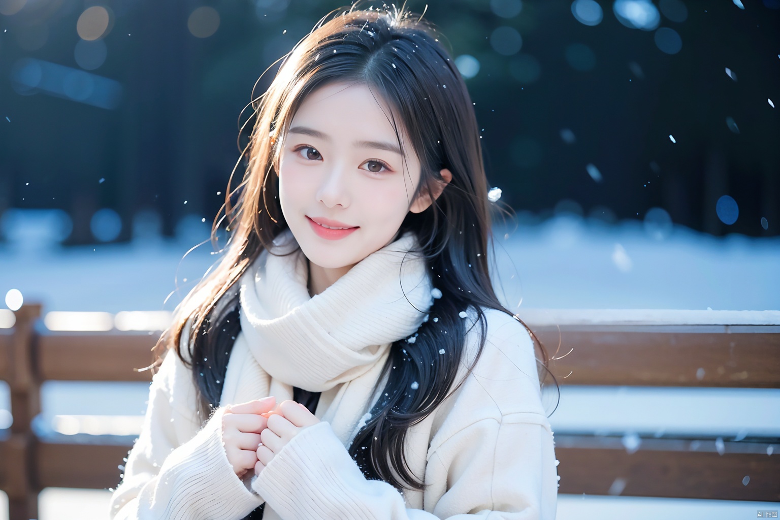  1girl,(snow:1.2),(snowing:1.2),snow,solo,scarf,long hair,smile,brown hair,bokeh,realistic,coat,blurry,