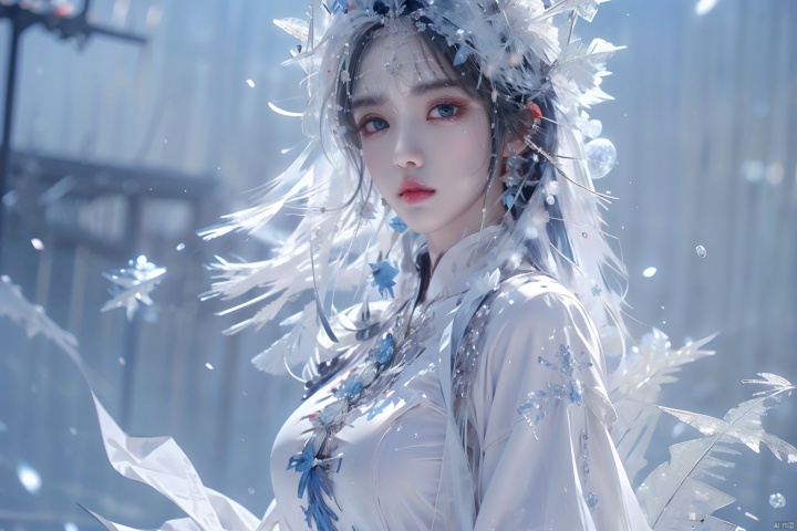  (ice), ((best quality)), ((masterpiece)), ((ultra-detailed)), extremely detailed CG, (illustration), ((detailed light)), (an extremely delicate and beautiful), a girl, solo, ((upper body,)), ((cute face)), expressionless, (beautiful detailed eyes), full breasts, (medium breasts:1.2), blue dragon eyes, (Vertical pupil:1.2), white hair, shiny hair, colored inner hair, [Armor_dress], blue_hair ornament, ice adorns hair,depth of field, [ice crystal], (snowflake), (\shuang hua\)