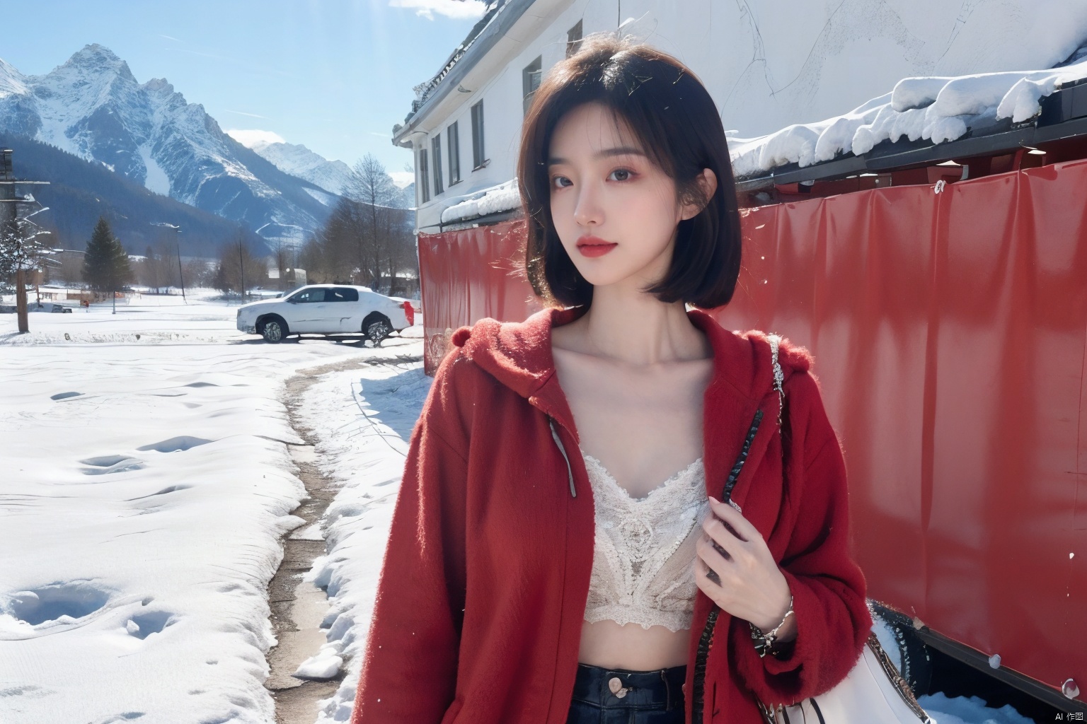  Outdoor scenery, snow view, Snow Mountain, girl, red wool coat, pretty face, short hair, blonde hair, (photo reality: 1.3) , Edge lighting, (high detail skin: 1.2) , 8K Ultra HD, high quality, high resolution, the best ratio of four fingers and a thumb, (photo reality: 1.3) , wearing a red coat, white shirt inside, big chest, solid color background, solid red background, advanced feeling, texture full, 1 girl, Xiqing, HSZT, Xiaxue, dongy, a girl, magic eyes, black 8d smooth stockings, 1girl