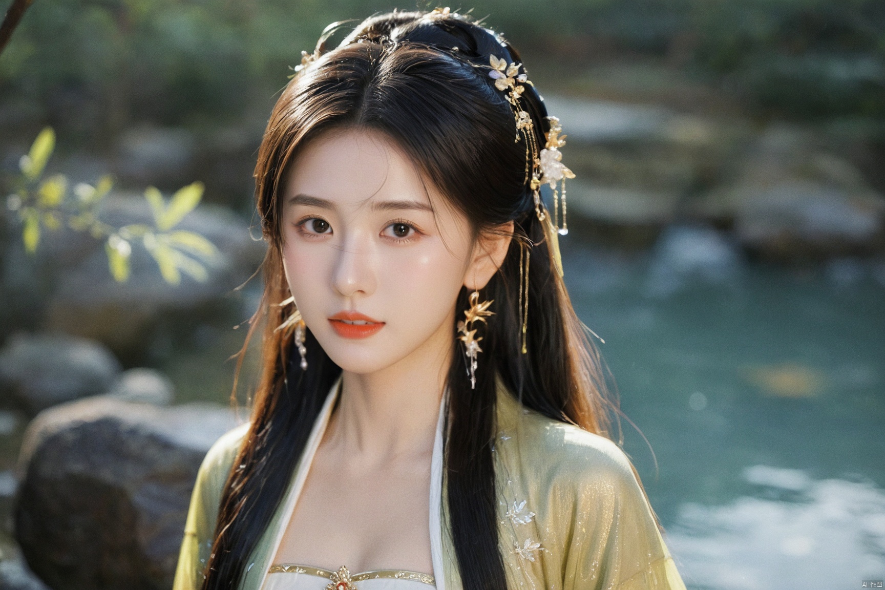  1girl,****_female,looking at viewer,standing,black,gold,gold hairpin,face focus,Redlips,((upper_body:0.9)),full breasts, (medium breasts:1.2),long hair,eyes,Colored pupil,earrings,jewelry,earrings,jewelry,(perfect face), shiny skin, 
dress, hanfu, 
forest,water, wet, 
masterpiece, best quality,depth of field, cinematic composition, best lighting,light master,RAW photo, dslr, film grain, Fujifilm XT3, night shot, light master,daxiushan,daxiushan style,hanfu, g001