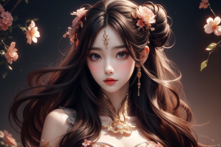  jueshimeinv,delicate face,intricate hair bun,red forehead_mark,hair ornament,very long hair,petals
