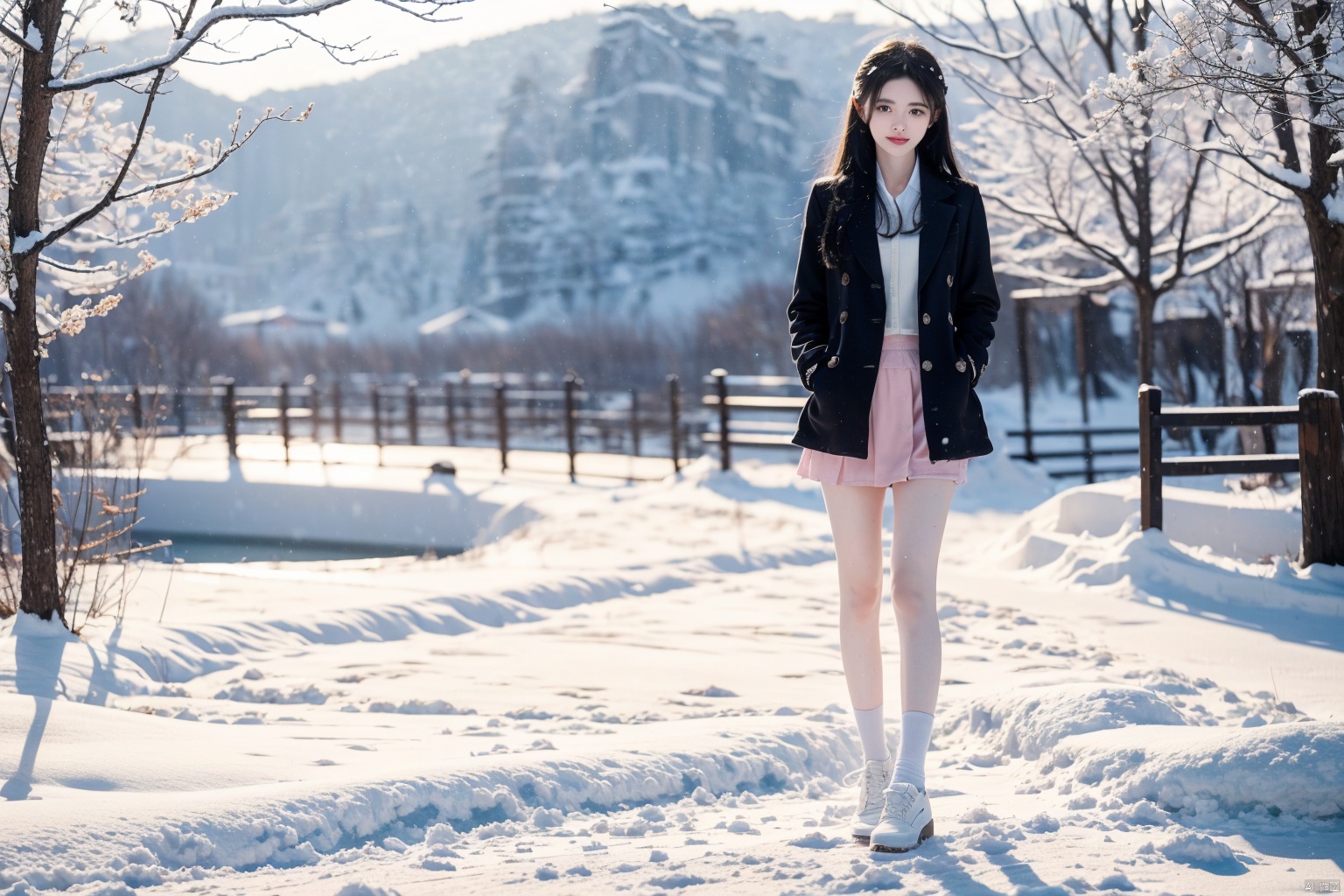  1 girl,Transparent skirt,pink face,stockings,(snow:1.2),(snowing:1.2),peach blossom,snow,solo,scarf,black hair,smile,long hair,bokeh,realistic,long coat,blurry, captivating gaze, embellished clothing, natural light, shallow depth of field, romantic setting, dreamy pastel color palette, whimsical details, captured on film,. (Original Photo, Best Quality), (Realistic, Photorealistic: 1.3), Clean, Masterpiece, Fine Detail, Masterpiece, Ultra Detailed, High Resolution, (Best Illustration), (Best Shadows), Complex, Bright light, modern clothing, (pastoral: 1.3), smiling,standing,(very very short skirt:1.5),knee socks,(white shoes: 1.4),long legs, forest, grassland,(view: 1.3), 21yo girl, striped, capricornus, 1girl, light master, jujingyi