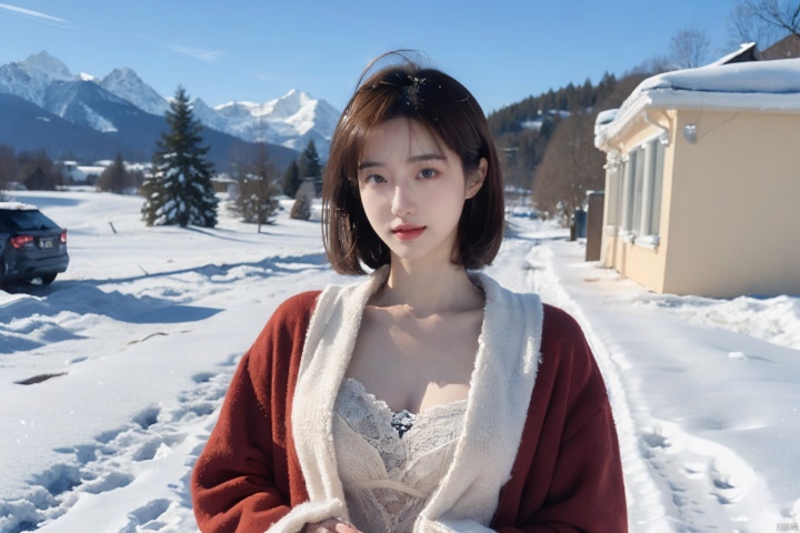  Outdoor scenery, snow view, Snow Mountain, girl, red wool coat, pretty face, short hair, blonde hair, (photo reality: 1.3) , Edge lighting, (high detail skin: 1.2) , 8K Ultra HD, high quality, high resolution, the best ratio of four fingers and a thumb, (photo reality: 1.3) , wearing a blue coat, white shirt inside, big chest, solid color background, solid red background, advanced feeling, texture full, 1 girl, Xiqing, HSZT, Xiaxue, dongy, a girl, magic eyes, black 8d smooth stockings, 1girl