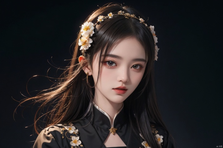  masterpiece, best quality, 1girl, flowers, flat color, lineart, abstract, ornate, black theme, jujingyi