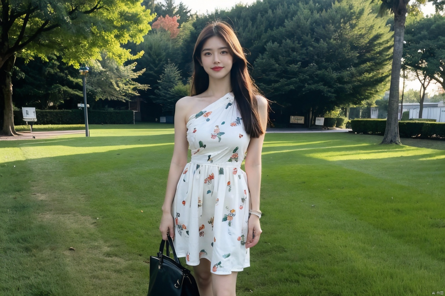  The image features a confident young woman standing outdoors on a green carpet. She is wearing a white dress with a green alligator print and carries a brown shoulder bag. Her posture and facial expression convey a sense of determination. The lighting is soft and flattering, casting a warm glow on her skin. The color palette is predominantly green and brown, with a dynamic contrast between the two. The woman's outfit, pose, and facial expression all work together to create a powerful and memorable image.