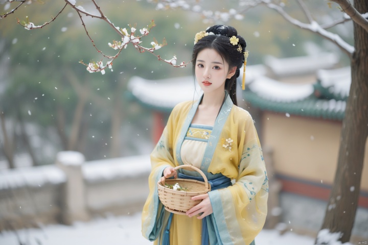  hanfu dress,a beautiful girl is standing,The Han costume of the Song Dynasty, the whole body,Flower basket,beautiful face,be affectionate,long eyelashes,high nose,Song Dynasty Hanfu, Winter, snowy days, snowfall, snow on tree tops, snow on the ground,gentle depth of field and soft bokeh,Capture the image as if it were taken on an 35mm film for added charm, looking at viewer,35mm photograph,The main color tone of the screen is yellow, with a film style (aperture: f/1.4, ISO-100, focal length: 35mm), Full body, denim lens,film, bokeh, professional, 4k, highly detailed, MAJICMIX STYLE