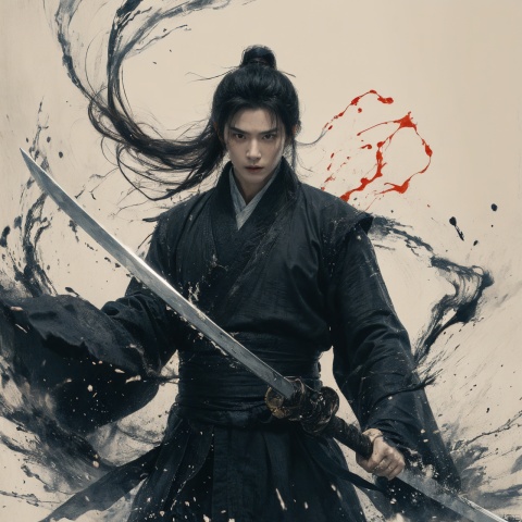  sdmai, wuxia, Chinese ink painting, artistic ink painting, Chinese martial arts films, wearing black robes, fighting posture, cinematic grandeur, splashing details, wild and powerful, solo, weapon, black hair, sword, long hair, male focus, looking at viewer, 1boy, scar, asuo