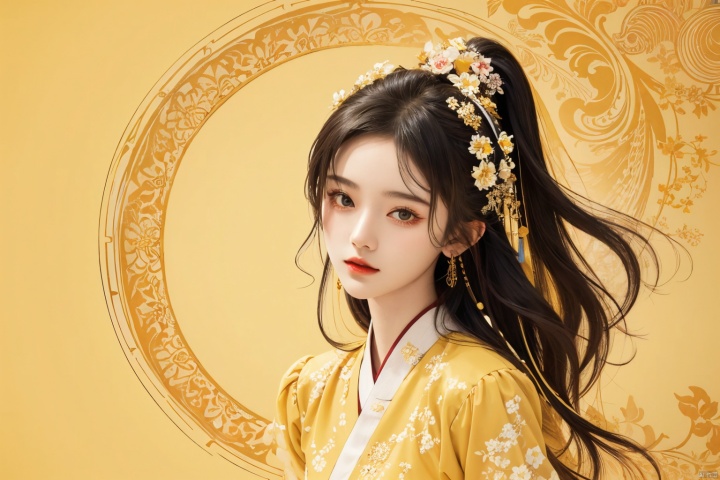  masterpiece, best quality, 1girl, flowers, flat color, lineart, abstract, ornate, yellow theme, jujingyi