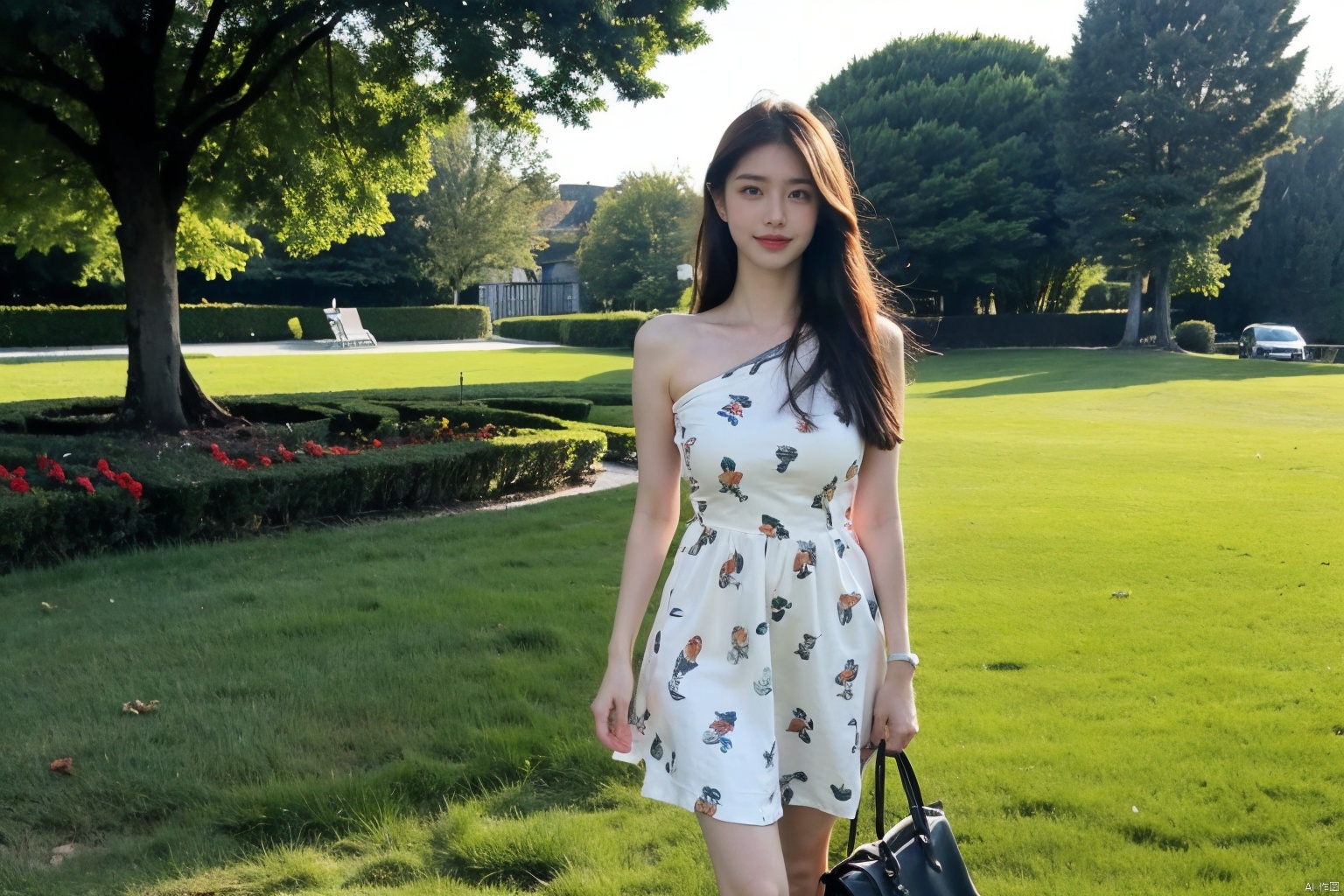  The image features a confident young woman standing outdoors on a green carpet. She is wearing a white dress with a green alligator print and carries a brown shoulder bag. Her posture and facial expression convey a sense of determination. The lighting is soft and flattering, casting a warm glow on her skin. The color palette is predominantly green and brown, with a dynamic contrast between the two. The woman's outfit, pose, and facial expression all work together to create a powerful and memorable image.