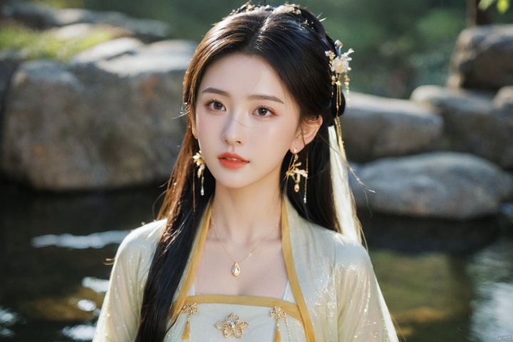  1girl,sole_female,looking at viewer,standing,black,gold,gold hairpin,face focus,Redlips,((upper_body:0.9)),full breasts, (medium breasts:1.2),long hair,eyes,Colored pupil,earrings,jewelry,earrings,jewelry,(perfect face), shiny skin, 
dress, hanfu, 
forest,water, wet, 
masterpiece, best quality,depth of field, cinematic composition, best lighting,light master,RAW photo, dslr, film grain, Fujifilm XT3, night shot, light master,daxiushan,daxiushan style,hanfu, g001
