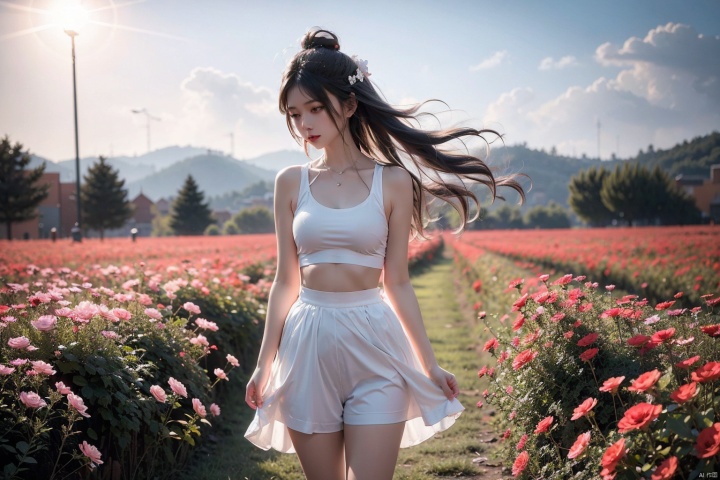  A melancholic autumn scene in a vast flower field,a gentle breeze rustling through the dry grass,fallen leaves scattered among the flowers, a bittersweet atmosphere, a moment of quiet contemplation,1girl,long hair,white_skirt, high-waist_shorts, outfit ,roses,(dynamic angle:1.1),vivid,Soft and warm color palette, delicate brushwork, evocative use of light and shadow, wide shot,subtle details in the wilting flowers,high contrast,color contrast, WuLight
