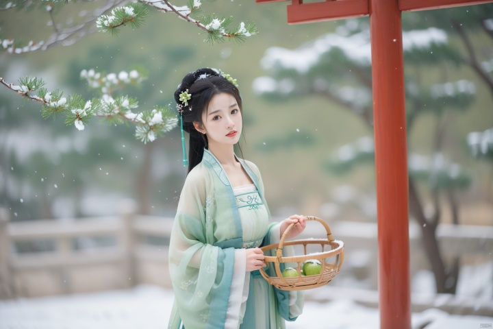  hanfu dress,a beautiful girl is standing,The Han costume of the Song Dynasty, the whole body,Flower basket,beautiful face,be affectionate,long eyelashes,high nose,Song Dynasty Hanfu, Winter, snowy days, snowfall, snow on tree tops, snow on the ground,gentle depth of field and soft bokeh,Capture the image as if it were taken on an 35mm film for added charm, looking at viewer,35mm photograph,The main color tone of the screen is green, with a film style (aperture: f/1.4, ISO-100, focal length: 35mm), Full body, denim lens,film, bokeh, professional, 4k, highly detailed, MAJICMIX STYLE