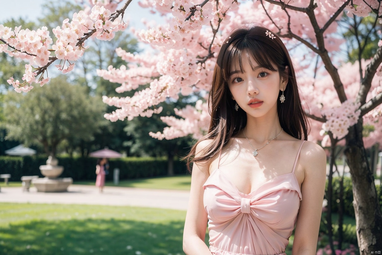  1 Girl, solo, large breasts,, brown hair, dress, (pink dress),Exquisite and delicate dress,Bow decoration,, jewelry, necklace, outdoor, reality, brown eyes, cleavage, parted lips, (cherry blossom), blur, earrings, blurred background, tree, long hair, (bare shoulders, sleeveless), shoulder off, collarbone, daytime, looking at the audience, flowers,, (Narrow waist),,,,Exquisite and delicate fingers,