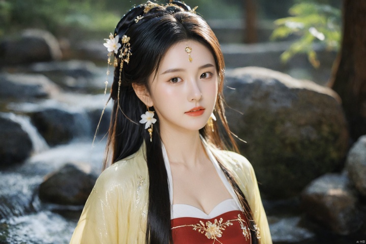  1girl,sole_female,looking at viewer,standing,black,gold,gold hairpin,face focus,Redlips,((upper_body:0.9)),full breasts, (medium breasts:1.2),long hair,eyes,Colored pupil,earrings,jewelry,earrings,jewelry,(perfect face), shiny skin, 
dress, hanfu, 
forest,water, wet, 
masterpiece, best quality,depth of field, cinematic composition, best lighting,light master,RAW photo, dslr, film grain, Fujifilm XT3, night shot, light master,daxiushan,daxiushan style,hanfu, g001