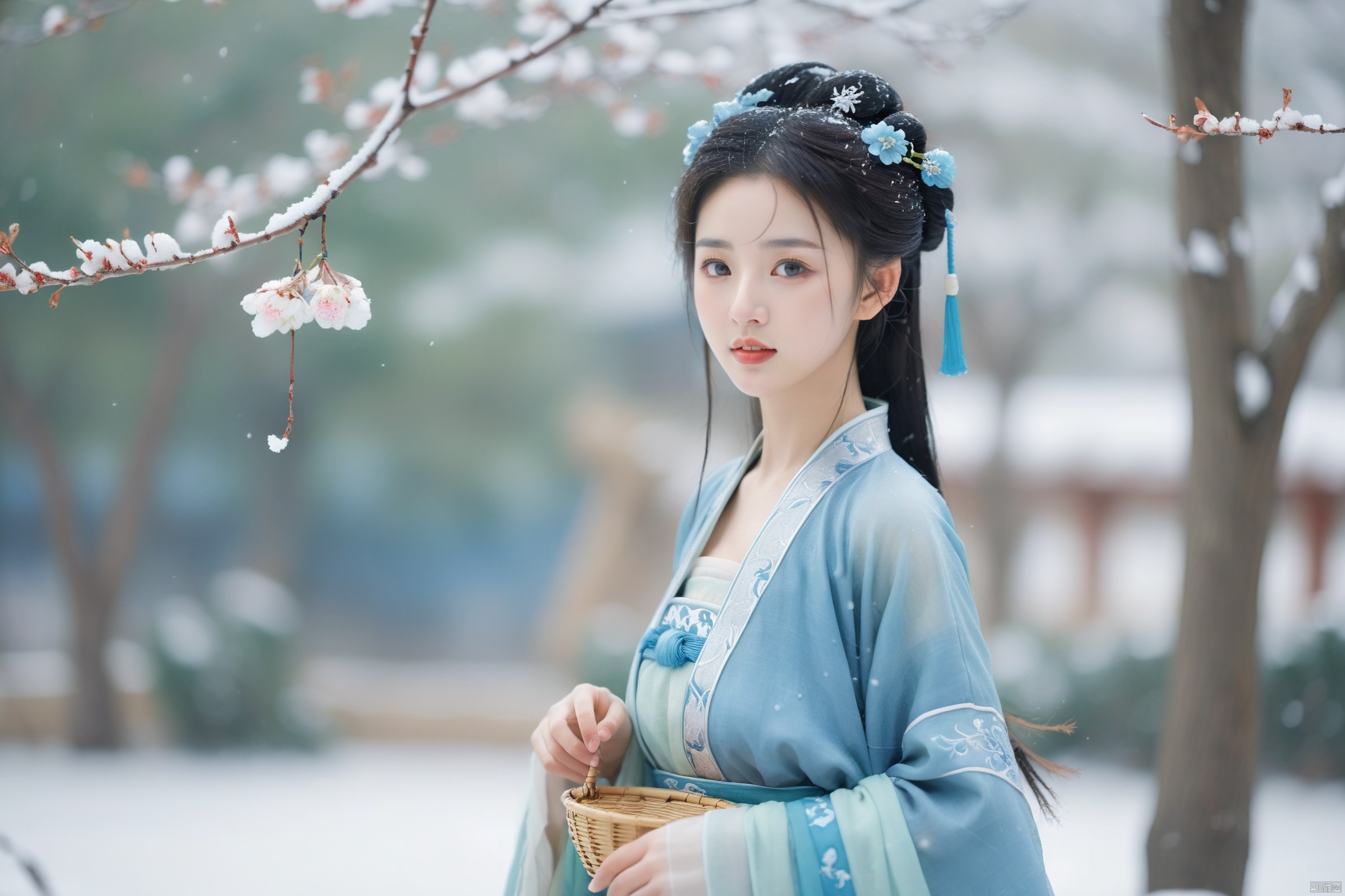  hanfu dress,a beautiful girl is standing,The Han costume of the Song Dynasty, the whole body,Flower basket,beautiful face,be affectionate,long eyelashes,high nose,Song Dynasty Hanfu, Winter, snowy days, snowfall, snow on tree tops, snow on the ground,gentle depth of field and soft bokeh,Capture the image as if it were taken on an 35mm film for added charm, looking at viewer,35mm photograph,The main color tone of the screen is blue, with a film style (aperture: f/1.4, ISO-100, focal length: 35mm), Full body, denim lens,film, bokeh, professional, 4k, highly detailed, MAJICMIX STYLE