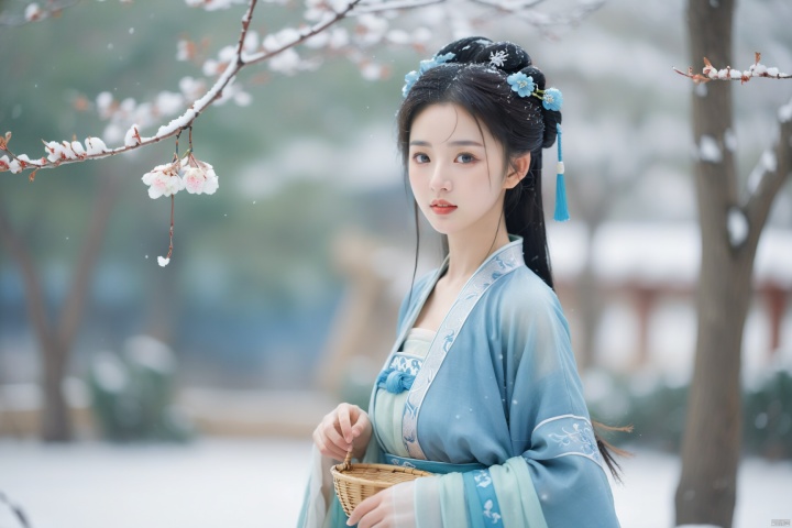  hanfu dress,a beautiful girl is standing,The Han costume of the Song Dynasty, the whole body,Flower basket,beautiful face,be affectionate,long eyelashes,high nose,Song Dynasty Hanfu, Winter, snowy days, snowfall, snow on tree tops, snow on the ground,gentle depth of field and soft bokeh,Capture the image as if it were taken on an 35mm film for added charm, looking at viewer,35mm photograph,The main color tone of the screen is blue, with a film style (aperture: f/1.4, ISO-100, focal length: 35mm), Full body, denim lens,film, bokeh, professional, 4k, highly detailed, MAJICMIX STYLE