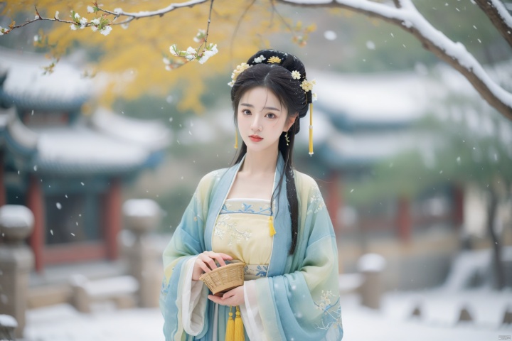  hanfu dress,a beautiful girl is standing,The Han costume of the Song Dynasty, the whole body,Flower basket,beautiful face,be affectionate,long eyelashes,high nose,Song Dynasty Hanfu, Winter, snowy days, snowfall, snow on tree tops, snow on the ground,gentle depth of field and soft bokeh,Capture the image as if it were taken on an 35mm film for added charm, looking at viewer,35mm photograph,The main color tone of the screen is yellow, with a film style (aperture: f/1.4, ISO-100, focal length: 35mm), Full body, denim lens,film, bokeh, professional, 4k, highly detailed, MAJICMIX STYLE