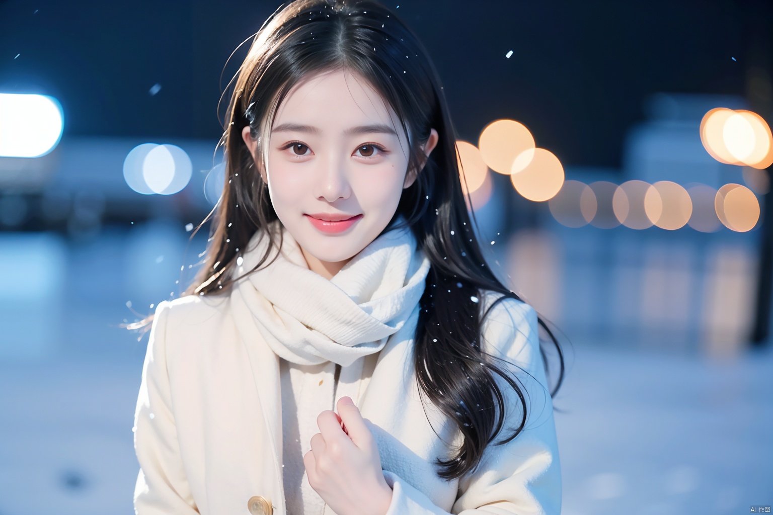  1girl,(snow:1.2),(snowing:1.2),snow,solo,scarf,long hair,smile,brown hair,bokeh,realistic,coat,blurry,