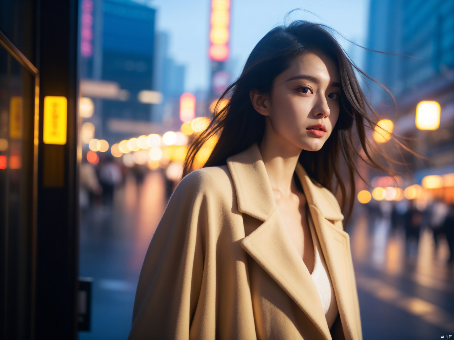  Best Quality, Hyper-Realistic, (Ultra High Resolution), Masterpiece, 8K, RAW Photo, Cover Art, Light, Photo Art, Realistic, Coat, Street, Night, Hotel, Hong Kong Wind, Movie Cover, Dynamic Angle, Close-up, Sight,Half body photo, xiqing