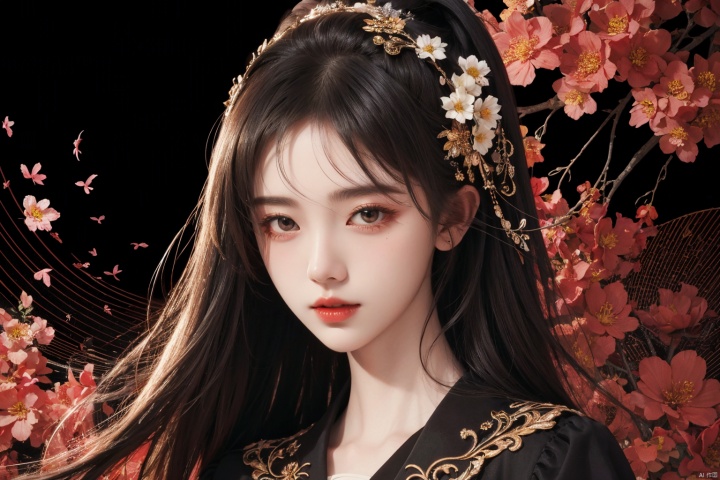  masterpiece, best quality, 1girl, flowers, flat color, lineart, abstract, ornate, black theme, jujingyi