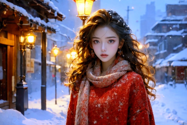  a girl,red wavy long curly hair, beautiful and detailed eyes, scarf, sweater, winter, snowing, standing under the street lamp, upper body, night, night, backlighting,kamisama, xiqing, 1girl