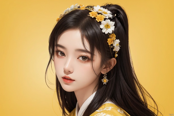  masterpiece, best quality, 1girl, flowers, flat color, lineart, abstract, ornate, yellow theme, jujingyi