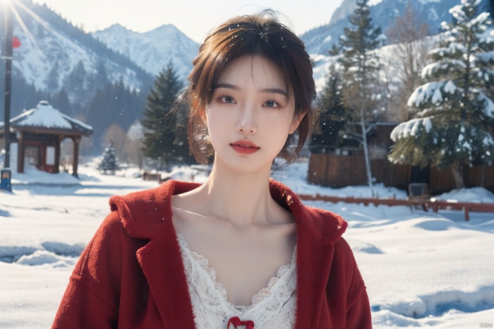  Outdoor scenery, snow view, Snow Mountain, girl, red wool coat, pretty face, short hair, blonde hair, (photo reality: 1.3) , Edge lighting, (high detail skin: 1.2) , 8K Ultra HD, high quality, high resolution, the best ratio of four fingers and a thumb, (photo reality: 1.3) , wearing a red coat, white shirt inside, big chest, solid color background, solid red background, advanced feeling, texture full, 1 girl, Xiqing, HSZT, Xiaxue, dongy, a girl, magic eyes, black 8d smooth stockings, 1girl