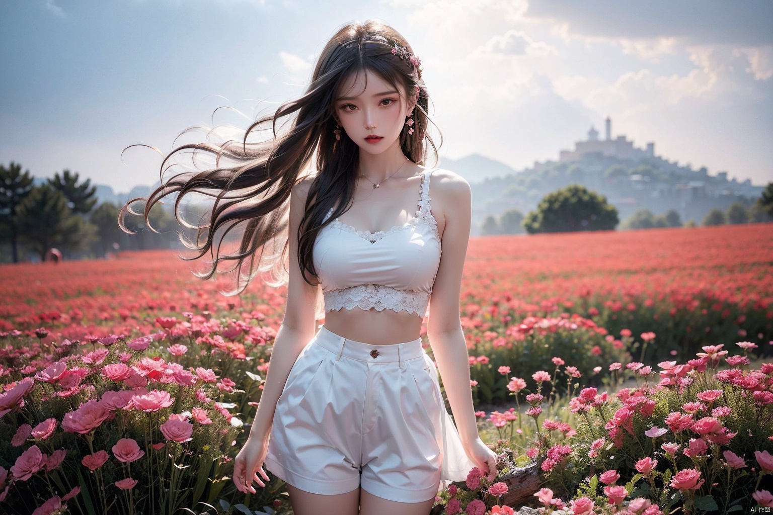  A melancholic autumn scene in a vast flower field,a gentle breeze rustling through the dry grass,fallen leaves scattered among the flowers, a bittersweet atmosphere, a moment of quiet contemplation,1girl,long hair,white_skirt, high-waist_shorts, outfit ,roses,(dynamic angle:1.1),vivid,Soft and warm color palette, delicate brushwork, evocative use of light and shadow, wide shot,subtle details in the wilting flowers,high contrast,color contrast, WuLight
