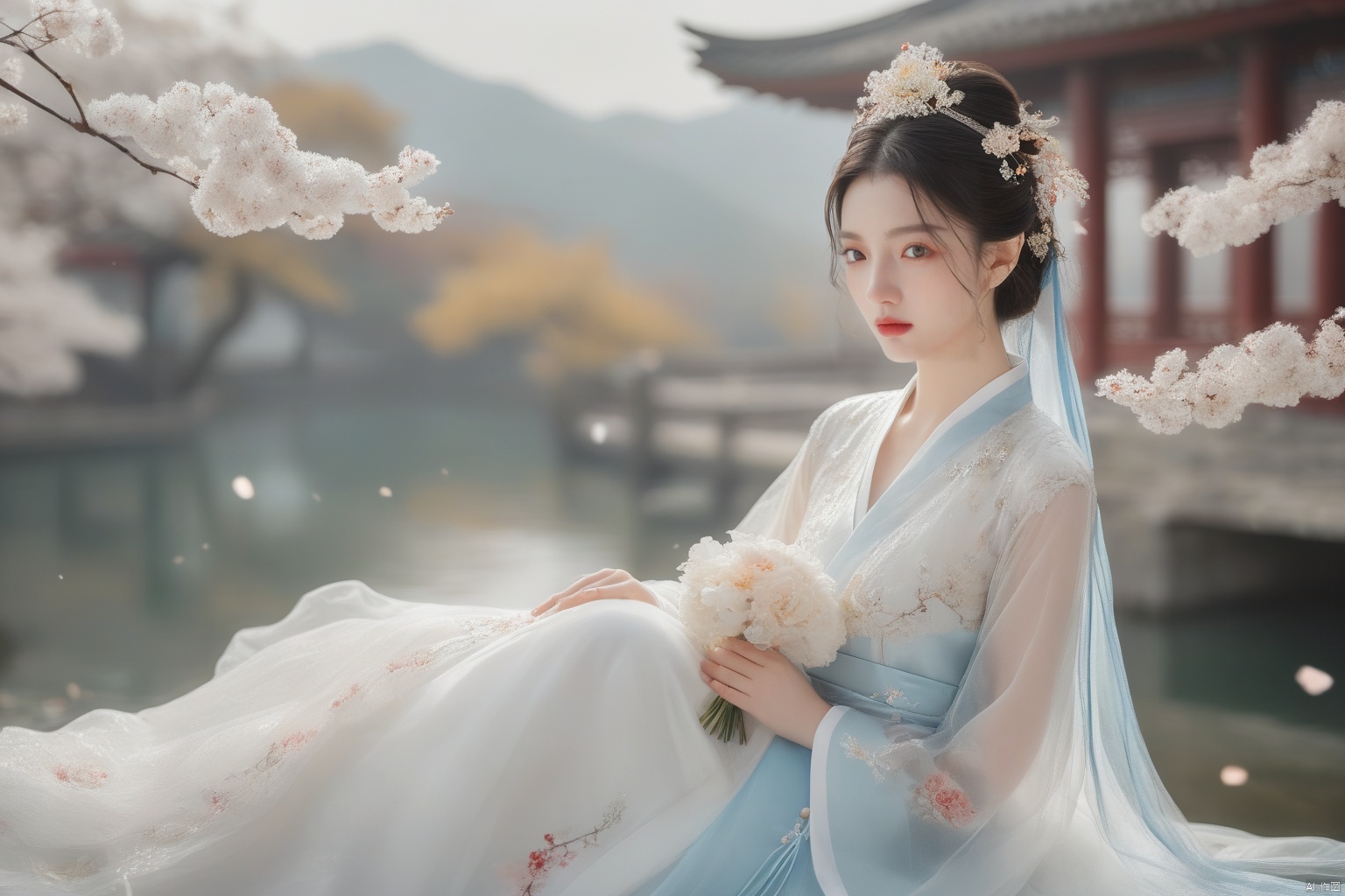  masterpiece, The best quality, 1girl, luxurious wedding dress, dreamy scene, white background, front viewer, looking at viewer, Flowers, romantic, Bride, Translucent white turban, UHD, 16k, , sparkling dress, yunbin, full_body, white stockings, , chinese dress,white dress,
chinese clothes,dress,white dress,floral print,china dress,blue dress,hanfu,long sleeves,print dress,robe,skirt,sleeveless dress,widesleeves, weddingdress, jinchen, see-through, tutult, qingsha, tutultb, xinniang