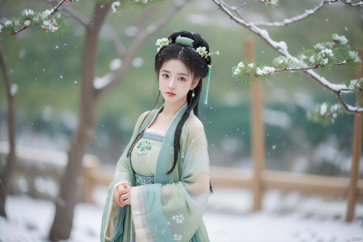  hanfu dress,a beautiful girl is standing,The Han costume of the Song Dynasty, the whole body,Flower basket,beautiful face,be affectionate,long eyelashes,high nose,Song Dynasty Hanfu, Winter, snowy days, snowfall, snow on tree tops, snow on the ground,gentle depth of field and soft bokeh,Capture the image as if it were taken on an 35mm film for added charm, looking at viewer,35mm photograph,The main color tone of the screen is green, with a film style (aperture: f/1.4, ISO-100, focal length: 35mm), Full body, denim lens,film, bokeh, professional, 4k, highly detailed, MAJICMIX STYLE