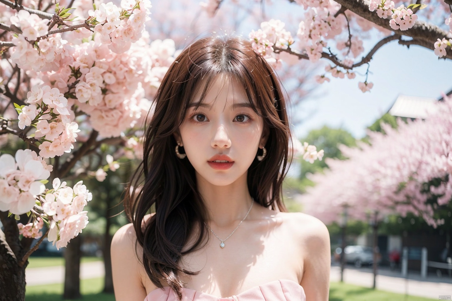  1 Girl, solo, large breasts,, brown hair, dress, (pink dress),Exquisite and delicate dress,Bow decoration,, jewelry, necklace, outdoor, reality, brown eyes, cleavage, parted lips, (cherry blossom), blur, earrings, blurred background, tree, long hair, (bare shoulders, sleeveless), shoulder off, collarbone, daytime, looking at the audience, flowers,, (Narrow waist),,,,Exquisite and delicate fingers,